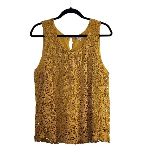Lucky Brand Women's Crochet Lace Boho Mustard Yellow Sleeveless Tank Top Size XL - Picture 3 of 8